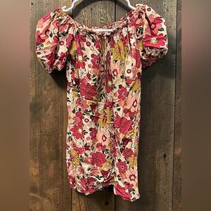 Floral Off-Shoulder Peasant Top - Pink & Yellow girls size XL pit to pit 13in
